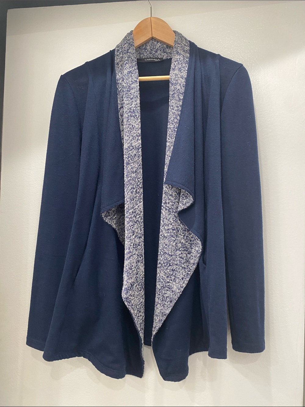 Navy Draped Open Cardigan with Heathered Trim